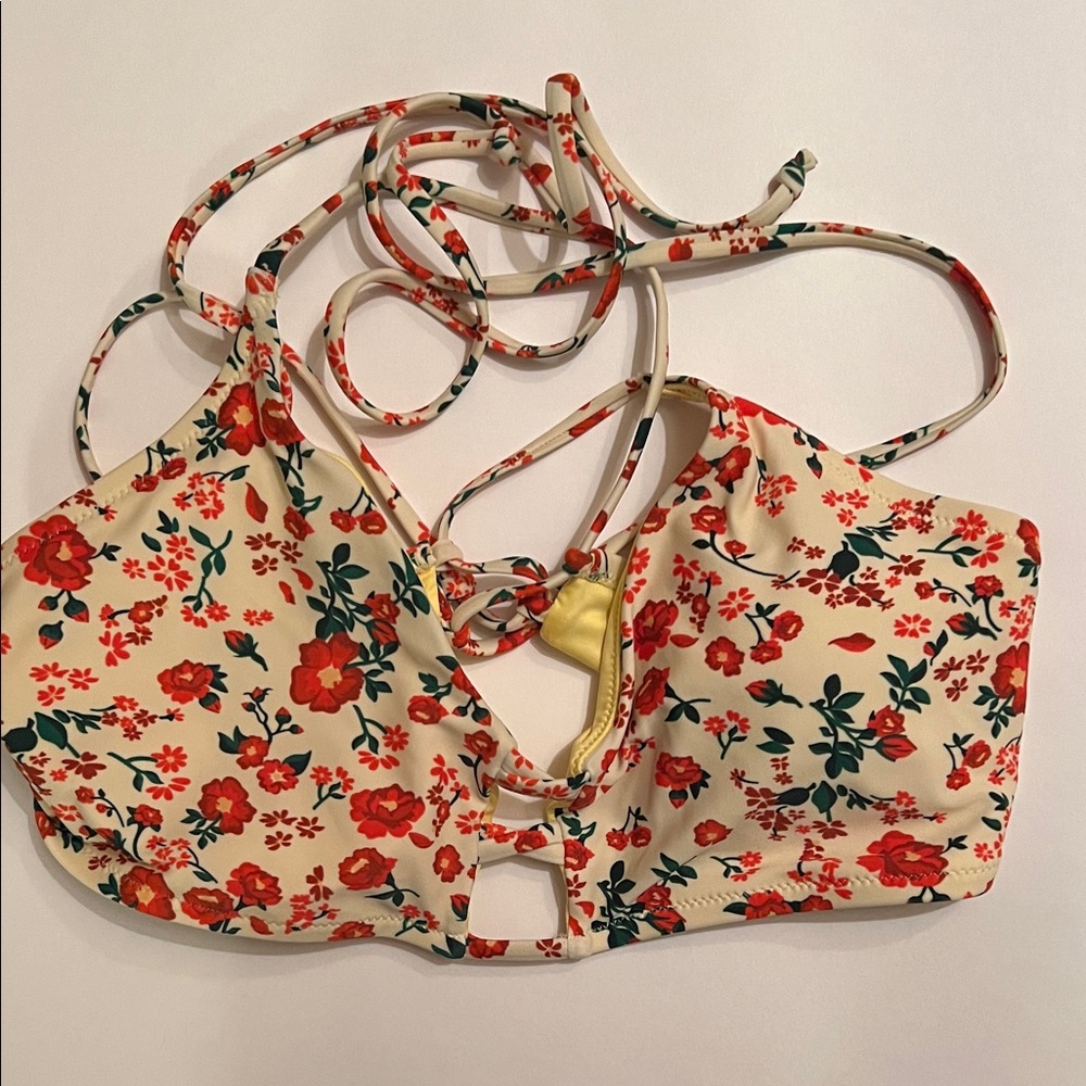 Floral Bikini Top with Red and Green Pattern